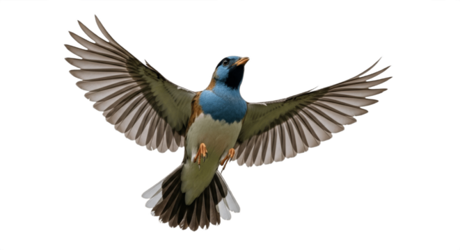 Small colorful bird in mid-flight isolated on white background, blue head, orange chest, green-olive wings, detailed feathers with wings fully spread, soft even lighting showcasing vibrant plumage and