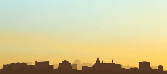 Panoramic poster of the city skyline with misty background buildings, hills sunrise, sunset and clouds of BRNO, CZECH REPUBLIC