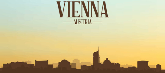 Panoramic poster of the city skyline with misty background buildings, hills sunrise, sunset and clouds of VIENNA, AUSTRIA