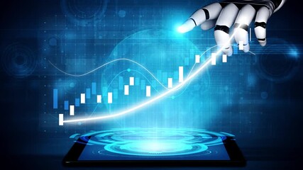 A futuristic representation of a robotic hand interacting with a digital growth chart on a tablet, showcasing the synergy between technology and finance. Copula - Powered by Adobe
