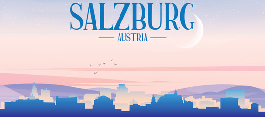 Panoramic poster of the city skyline with misty background buildings, hills sunrise, sunset and clouds of SALZBURG, AUSTRIA