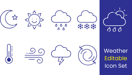 Weather line icons, sun, cloud, rain, snow, thunder, wind, temperature, clean outline, thin strokes, white background.