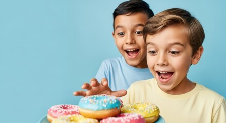 Two kids looking excitedly at a plate of colorful donuts. Happy children surprising by sweet confectionery. Childhood delight concept.