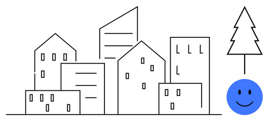 Urban skyline. Minimalist city skyline illustration simple buildings, a pine tree, and a playful happy face. Urban development concept suitable for environmental , architecture visuals, city planning