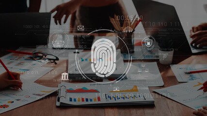 A group of professionals engaged in a brainstorming session, analyzing data with digital security symbols and biometric fingerprint illustration, representing modern insights. Raster - Powered by Adobe