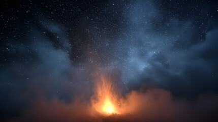 Fototapeta premium A vibrant bonfire erupts with intense flames and smoke against a deep blue starlit night sky filled with ethereal clouds