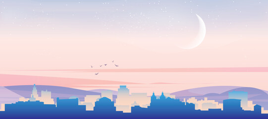 Panoramic poster of the city skyline with misty background buildings, hills sunrise, sunset and clouds of LISBON, PORTUGAL