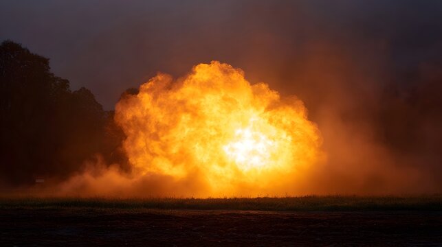 A massive intense explosion of bright orange and yellow flames erupts in a field at dusk with thick smoke and fog creating a dramatic atmosphere - Powered by Adobe