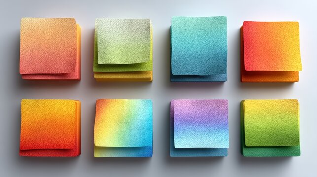 Colorful gradient sticky notes arranged in a structured layout, ideal for showcasing organizational tools, creative brainstorming, or design concepts