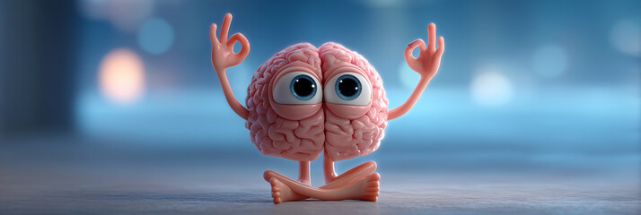 A cartoon character of human brain meditating in lotus pose, focusing with serene eyes, crossed legs and hands in OK gesture on blue background. Symbolizing mindfulness and inner calm. Generative Ai.