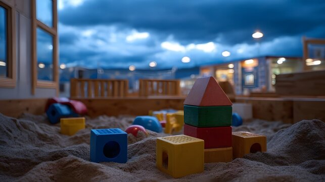 A sandbox filled with colorful building blocks and toys sits under a dramatic cloudy twilight sky