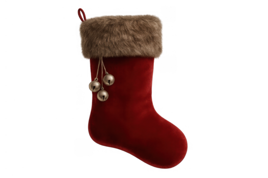 Holiday stocking with a soft red velvet texture and a fluffy brown fur cuff, decorated with bells, ready for christmas gifts