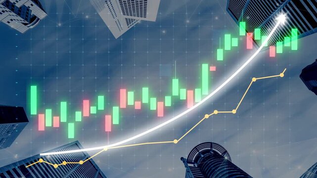 A striking visual representation of stock market growth, featuring a vibrant graph with upward trends, surrounded by towering modern skyscrapers in an urban setting. Copula