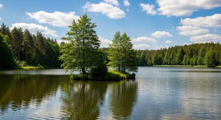 Obraz premium Serene Lake Landscape with Island and Forest Reflection.
