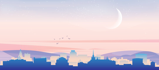 Panoramic poster of the city skyline with misty background buildings, hills sunrise, sunset and clouds of BRNO, CZECH REPUBLIC