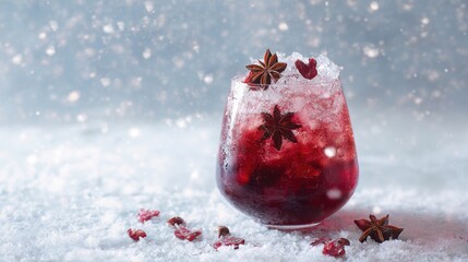 Elegant cranberry mocktail swirling with crushed ice shaped like snowflakes, deep red liquid glowing through frosty glass, dried cranberries and star