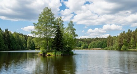 Fototapeta premium Serene Lake Landscape with Island and Forest Reflection.