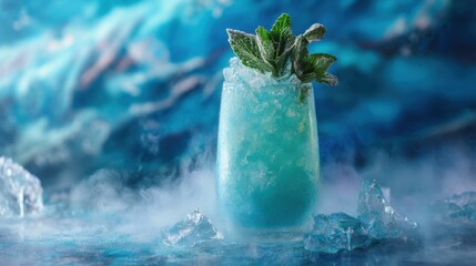 Icy blue mint cocktail in a frosted tall glass, ice shards like glacier fragments, fresh mint leaves dusted with powdered sugar, cold vapor rising