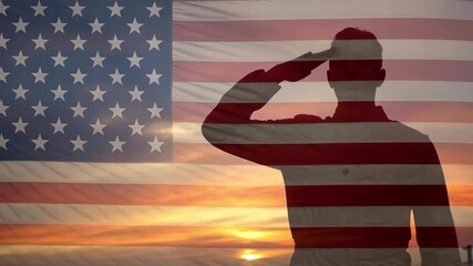 Silhouette of soldier saluting against American flag and sunset sky military salute Generated with Ai - Powered by Adobe