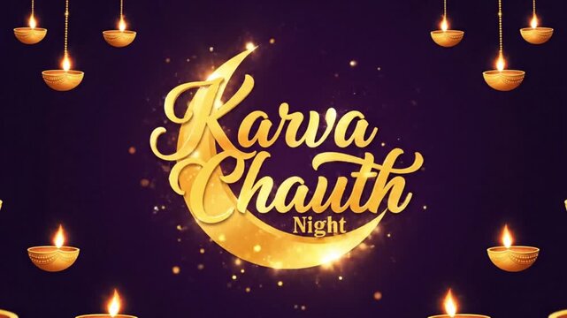 Karva Chauth Night Festival Background with Glowing Diyas and Golden Moon