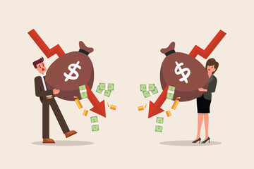 Arrow graphs fall down to attack the money bag carried by businessman and woman