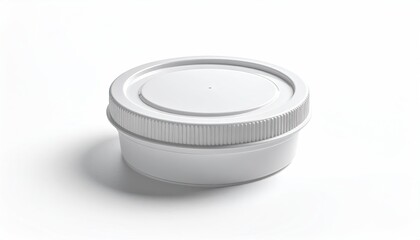 White, round plastic container with a lid on white backdrop