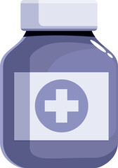 Closed medicine bottle displays a prominent white cross symbol on a purple label, emphasizing healthcare and pharmaceutical themes