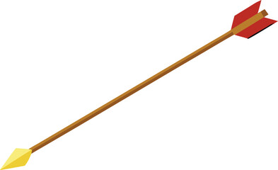 A single wooden arrow with red and yellow fletching and a yellow tip