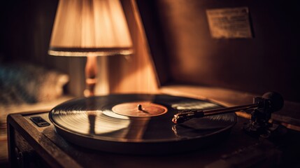 Obraz premium Stylish vintage vinyl player spinning a record, soft warm lamp light, cozy shadows, nostalgic analog atmosphere, close up composition