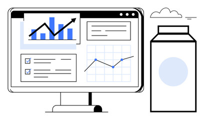 Fototapeta premium Data analytics in graphs and charts on a digital dashboard. Data analytics tools for monitoring trends, performance, and metrics. Data analytics for business, finance, research, and productivity
