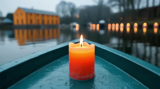 Single Lit Candle on a Boat in a Lake with Building and Lights Reflection Keywords: candle, lit, burning, Generated with Ai