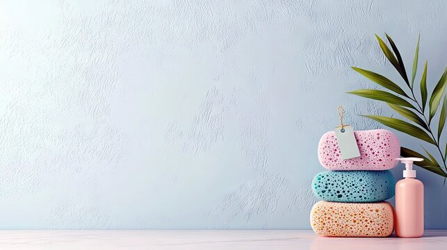 A stack of three colorful bath sponges, a pink dispenser bottle, and green leaves are arranged against a light blue textured wall.