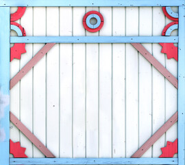 Vintage wooden shutter with peeling paint and rustical naive handmade decor. Retro wood door with simple hand-carved decor. Mock up template. Copy space for text