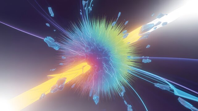 Colorful explosion with rays and floating fragments