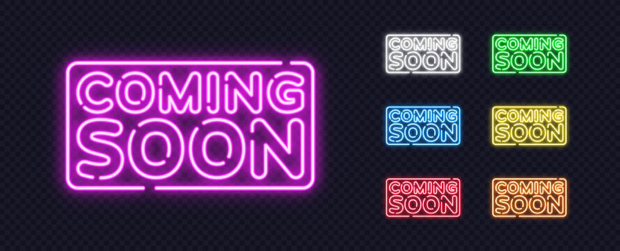 Glowing neon Coming Soon signs in vibrant colors on a transparent background. Perfect for promoting launches, announcements, and modern digital campaigns.