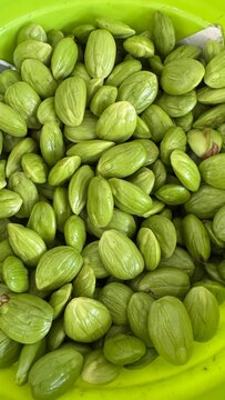 Close-up of peeled fresh green petai beans (Parkia speciosa), also known as bitter beans or stink beans, piled up in a container.