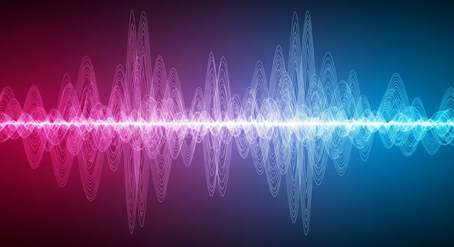 An abstract sound wave with pink and blue colors reflecting on the surface - Powered by Adobe