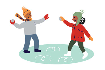 Vector illustration with flat cartoon children in winter snow play, boy and girl snowball fight, snowy landscape, holiday season theme for family activities, childhood fun, outdoor recreation visuals