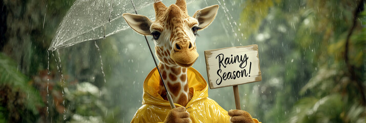 A hyper-realistic giraffe in glossy yellow raincoat, holding a “Rainy Season!” sign and transparent umbrella under heavy rain during a thunderstorm against a blurred natural background. Generative Ai.