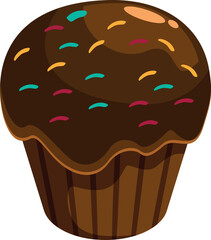 Delicious chocolate muffin decorated with colorful sprinkles is overflowing with sweetness