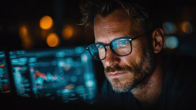 Focused Man Analyzing Data on Computer Screen in Dimly Lit Environment