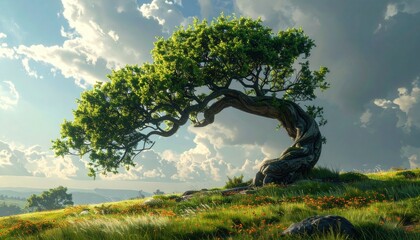 Serene Landscape with a Twisted Tree on a Grassy Hill.