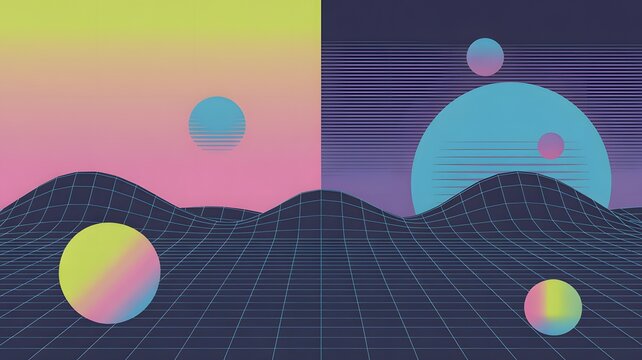 Retro landscape with spheres and grid neon color theme - Powered by Adobe
