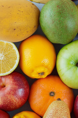 Fruits and berries as background, top view. Healthy food concept