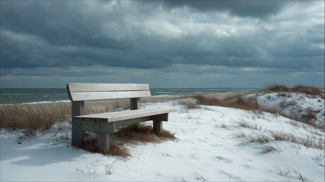 Serene Beachfront Bench Overlooking Snowy Dunes and Ocean View
