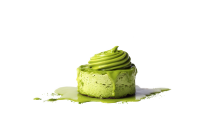 Green matcha cheesecake with whipped cream topping and a vibrant green sauce dripping down