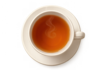 Hot tea cup with steam, refreshing warm beverage on a saucer, top view, transparent background