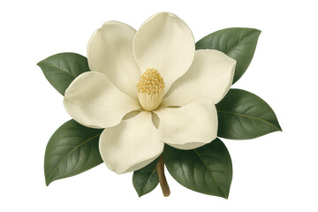 Obraz premium White magnolia flower with green leaves blooming, traditional botanical illustration, spring and beauty symbol on transparent background