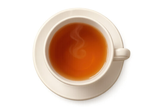 Hot tea cup with steam, refreshing warm beverage on a saucer, top view, transparent background
