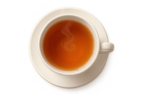 Hot tea cup with steam, refreshing warm beverage on a saucer, top view, transparent background